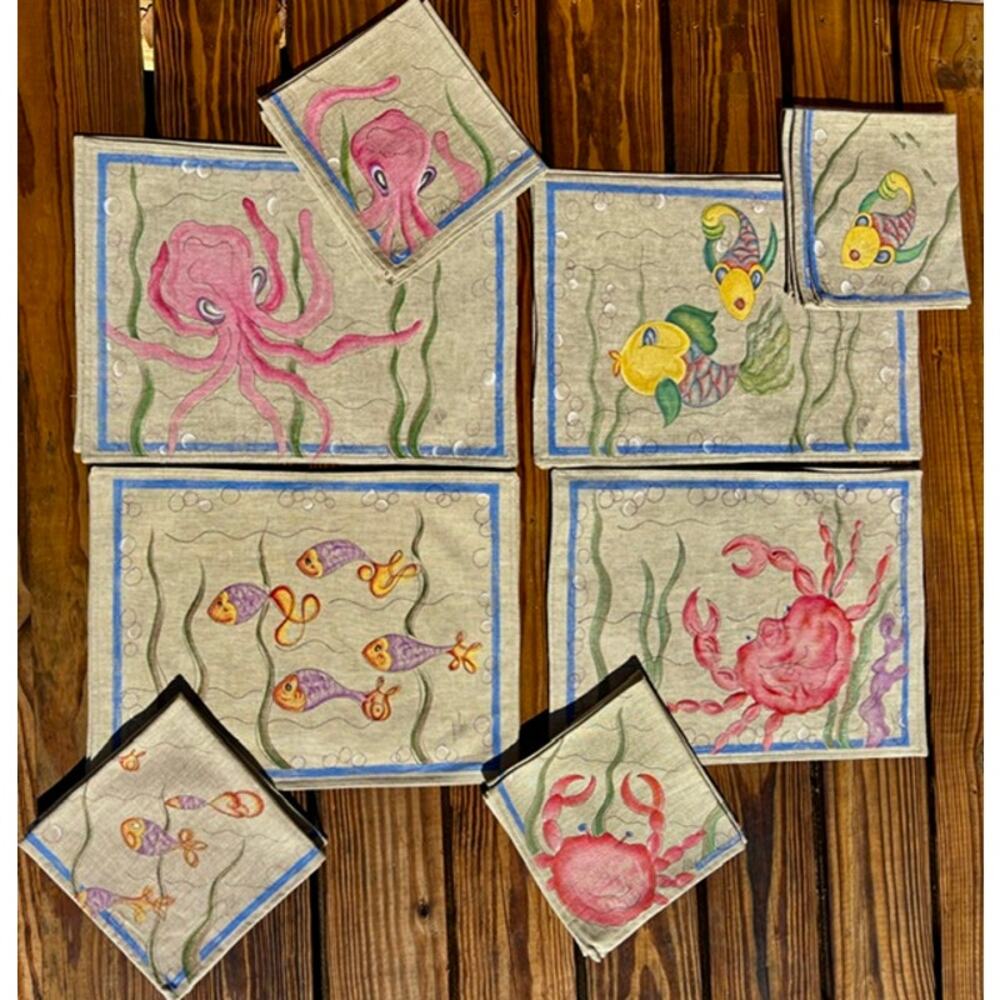 Set 8 100% Linen Beach Ocean Fish Crab Table Place Mats Napkins 16 Pcs NWT $175